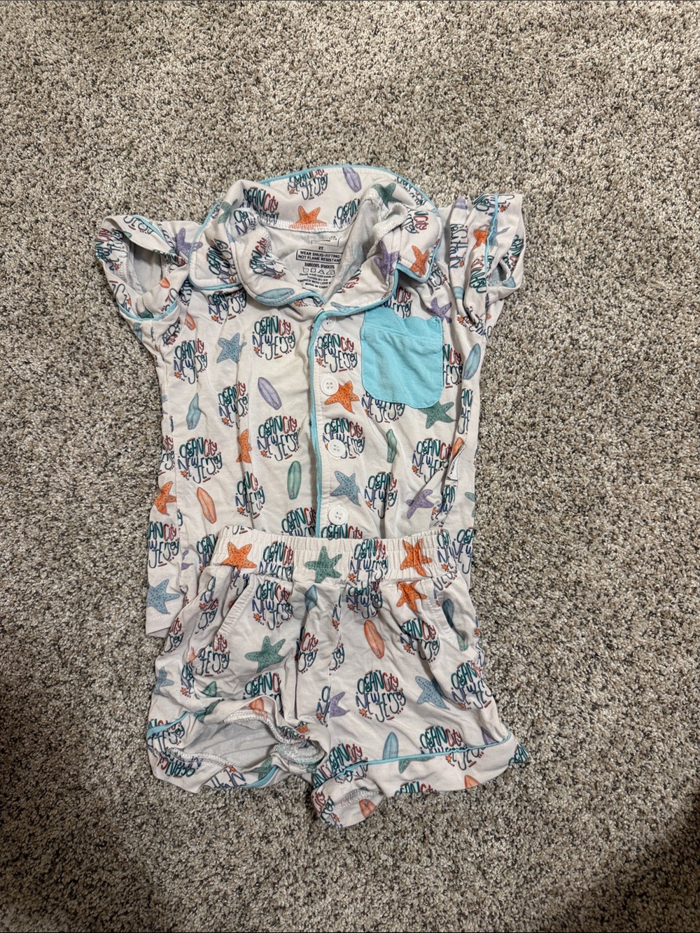 Girls Surf Print Short Romper with Aqua Pocket - Picture 1 of 4